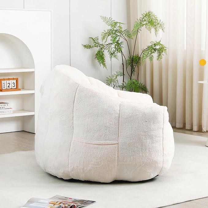 Furniliving Bean Bag Chair, Giant Bean Bag Chair Stuffed Floor Sofa for Adults Comfy Bean Bag Sofa with Back Support, Oversized Bean Bag Couch for Living Room Bedroom Dorm Office, Faux Leather, White