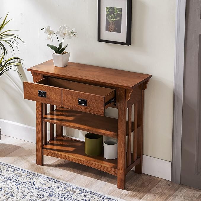 Leick Home 8261 Mission Bookcase Console Table with Drawers, Made with Solid Wood, for Living Room, Entry Way, Office, Bedrooms, Russet Finish