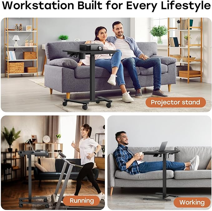 Mobile Small Standing Desk with Drawer, 23.6"x19.7" Rolling Laptop Cart on Wheels, Height Adjustable Sit Stand Computer Workstation with Storage for Compact Space, Black