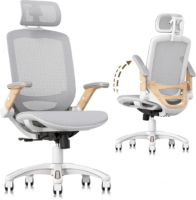 GABRYLLY Ergonomic Office Chair, High Back Home Desk Chair with Flip-Up Arms, Headrest, 90-120° Tilt and Wide Cushion, 400LBS White Mesh Chair for Work Gaming Study (GY01-NT, Woodgrain Pattern)