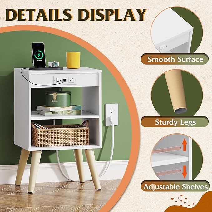 WLIVE White Nightstand, Bedside Tables, Night Stand with Charger Station, Side Table with Storage Shelf, End Table with USB Ports and Outlets for Bedroom, 15.12" D x 11.73" W x 23.74" H