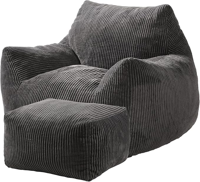 Big Bean Bag Chair for Adults & Kids, Ultra Soft Living Room Bean Bag with Armrests & Ottoman, Stuffed BeanBag Floor Sofa for Napping, Gaming, Lounging, Dark Gray