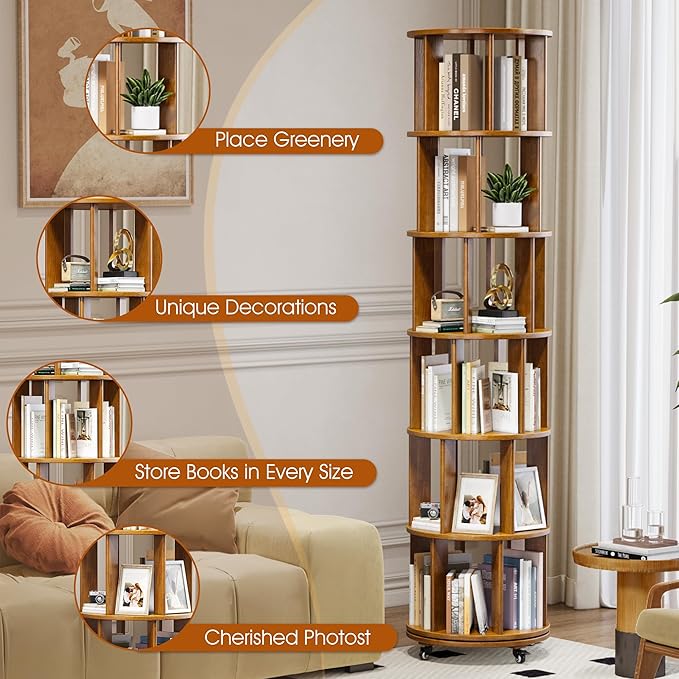 6 Tier Solid Wood Rotating Bookcase with Wheels, Round Revolving Bookshelf Organizer, 360° Spinning Storage Shelf for Corner, Small Narrow Spaces, Home, Office, Kids Room