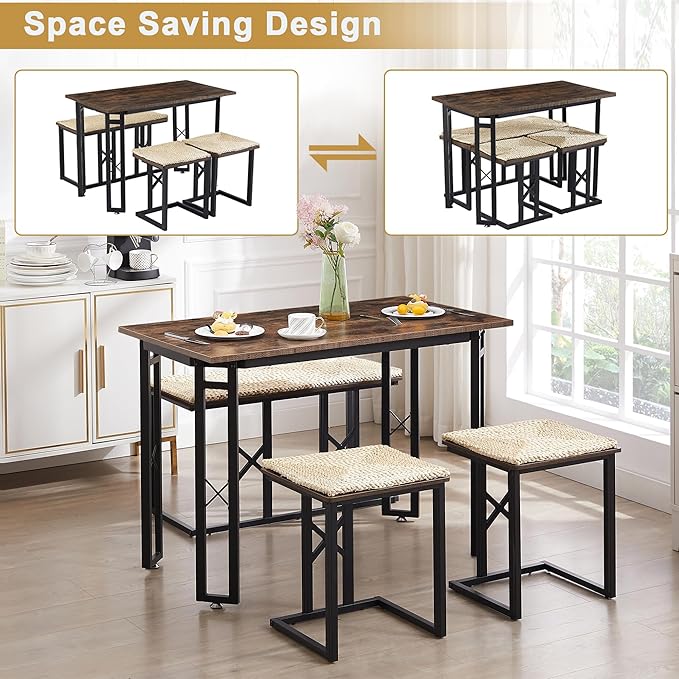 VECELO 43.3" Dining Table Sets, Farmhouse Small Kitchen Table for 4 with 3 Benches Wicker Mats,Metal Frame Space-Saving Adjustable Feets Coffee Table for Home Kitchen Dining, Dark Brown
