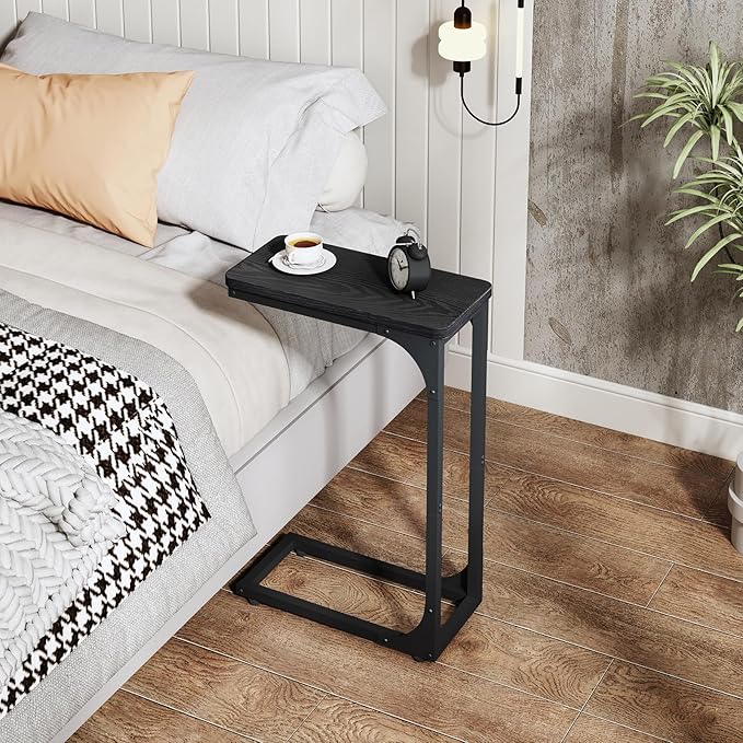 QEEIG Narrow C Shaped Side Table Set of 2 Living Room Sets Slim Couch Tray Tables Skinny Thin Small Modern 7 inch Width, Black (017-18B)
