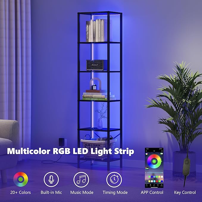 6-Tier Bookshelf, Tall Narrow Bookcase with LED Lights, Book Shelf with Steel Frame, Display Storage Shelf for Living Room, Bedroom, Home Office, Study, Balcony, Black