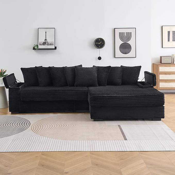KEIKI 114" Corduroy Sofa with Cup Holders & Storage, L Shaped Sleeper Cloud Couch Set w/Reversible Chaise Lounge, Living Room Oversized Upholstered SofaBed for Apartment, Easy Assembly, Black