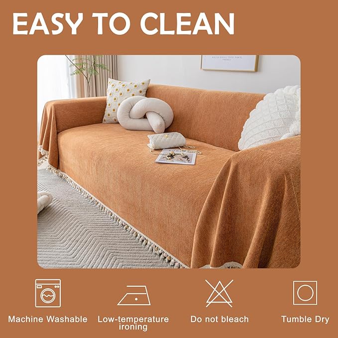 HANDONTIME Dark Orange Sofa Covers Couch Cover for Dogs Colorful Tassel Sofa Seat Cover Lovetseat Covers Pet Couch Cover Bohemian Sofa Cover for Couch Vintage Boho Couch Covers Futon Cover, 71" X118"