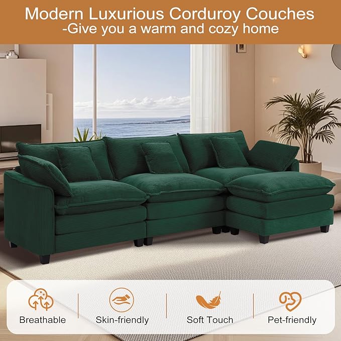 Furniliving 117‘’ L-Shaped Sofa, Luxury Corduroy Modular Sectional Couches with Ottoman, Upholstered Deep Seat Sleeper Sofa with Memory Foam and Waist Pillows, Green