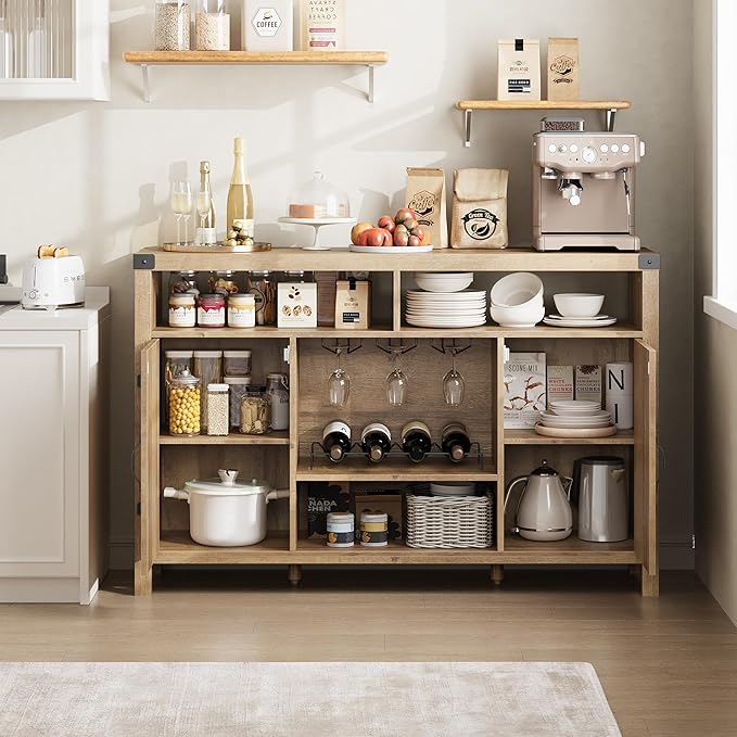 IDEALHOUSE Rattan Buffet Cabinet with Storage, Rattan Wine Bar Cabinet, Sideboard with Glass Holder, Adjustable Shelves, Coffee Bar Cabinet for Living Room Dining Room Hallway, Natural