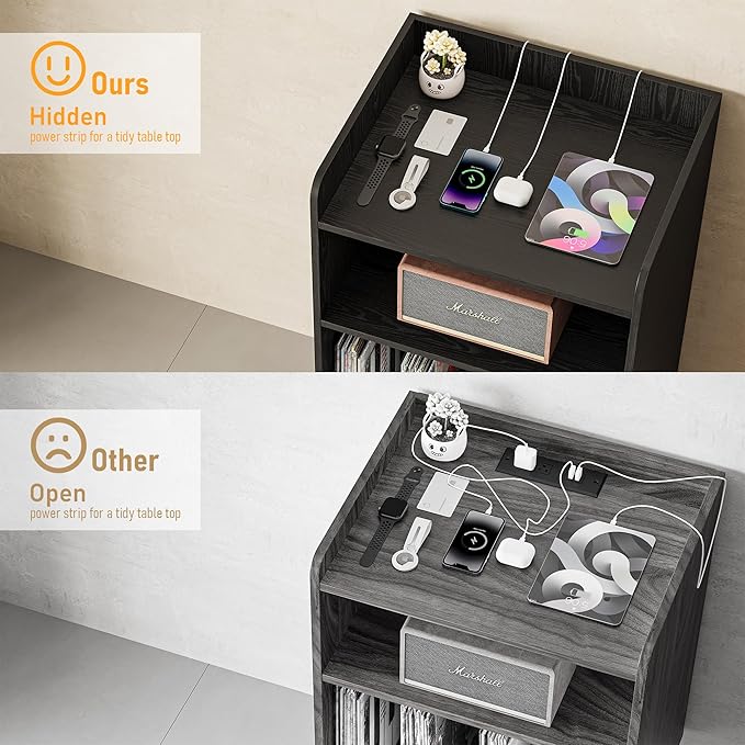 Record Player Stand, Turntable Stand with Record Storage and Charging Station & USB Ports, Record Player Table with Metal Divider, Record Stand Up to 120 Albums for Living Room, Bedroom Black