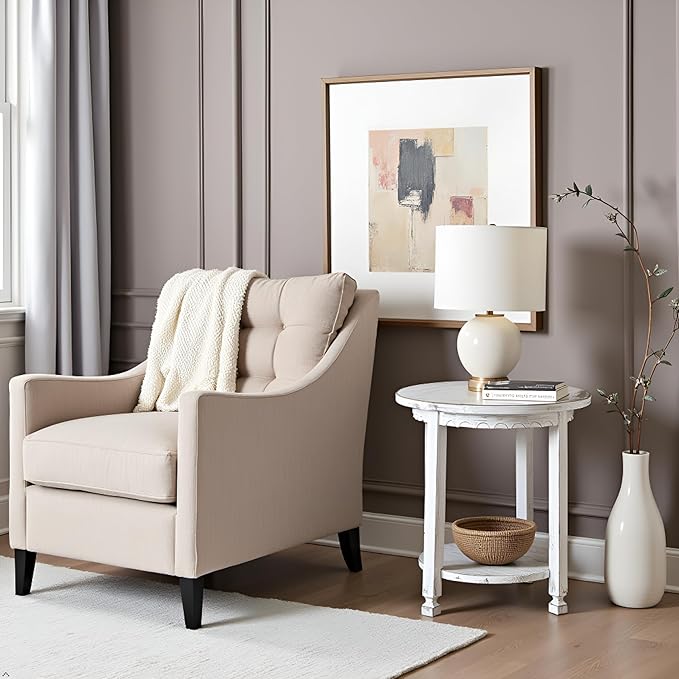 Rustic Cottage Round End Table w/ 1 Shelf, White Antique, 20" x 20" x 24", Farmhouse Style - Unique Accent Piece, Constructed of Select Hardwoods/Composite Wood, End Table w/ Drawer & Shelf