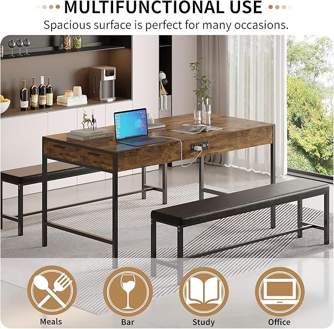 VECELO 65" Dining Table Set for 4-6, 3-Piece Kitchen Set with 2 Utensil Drawers, 2 Benches & Wine Rack, Space Saving & Heavy Duty, with Metal Frame & MDF Board, Rustic Brown