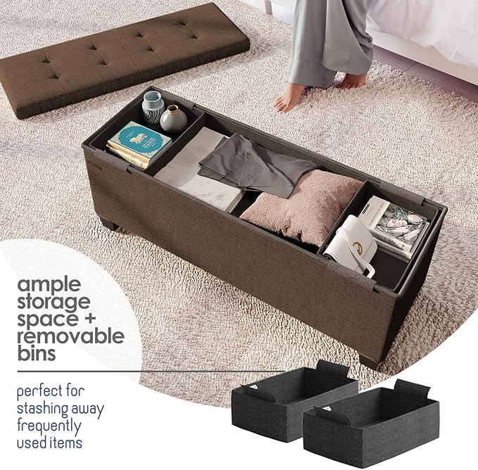 STORAGEBUD Storage Ottoman Bench with Bins, 43-in Storage Bench for Bedroom End of Bed, Folding Foot Rest Ottoman for Living Room Max 660lbs, Fabric Ottomans, Brown