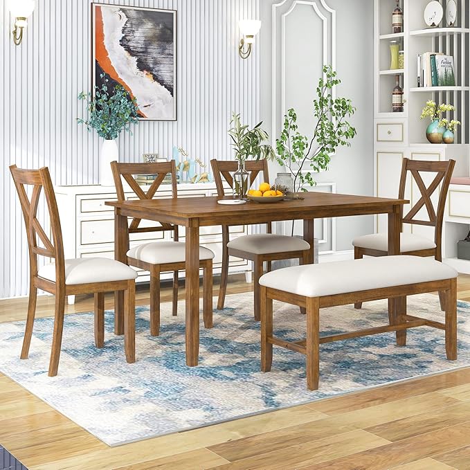 SogesPower 6-Piece Kitchen Dining Table Set for 4-6,Rectangular Dining Table with 4 Fabric Chairs & 1 Bench for Dining Room Living Room,Natural Cherry