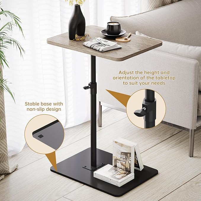 NiHome Minimalist Height Adjustable End Table, 360° Rotatable Sofa Armrest Side Tray Table, Adjustable Legs Space-Saving Couch Bedside Bathtub TV Tray C-Shaped End Table Snack Table for Eating (Gray)