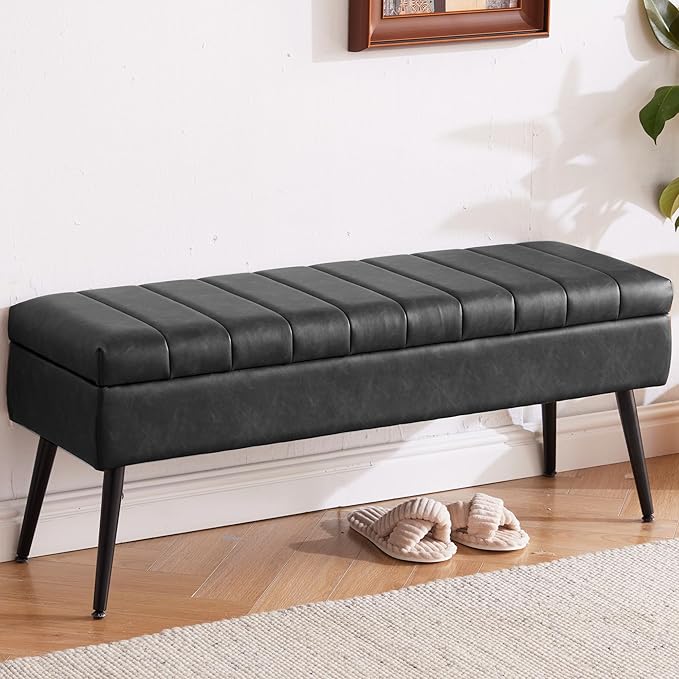 CUYOCA Storage Ottoman Bench, 43.5" Faux Leather Upholstered Entryway Bench, Long Ottoman with Storage for Living Room, Support 660lbs - Black