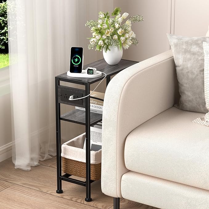 Small Narrow Side Table with Charging Station, Skinny End Table for Small Spaces, Slim Nightstand with Outlets, Sofa Bedside Table in Living Room, Bedroom, Study, Kitchen and Balcony(Grey)