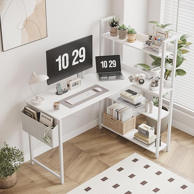 Treesland 47 Inch Computer Desk with Bookshelf, Corner Desk with Storage, L Shaped Desk, Home Office Desks, Writing Study Desk for Bedroom, White