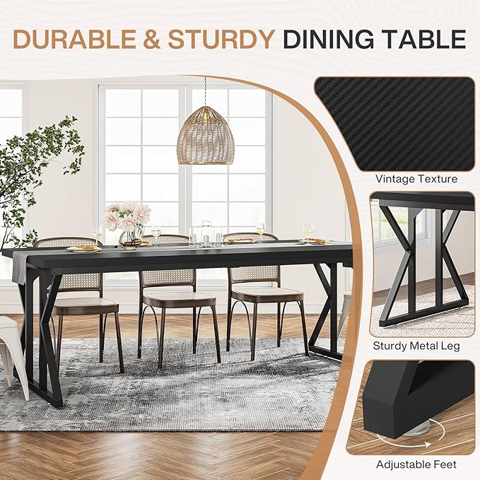 Tribesigns Farmhouse Dining Table for 6 People, 70.8-Inch Rectangular Wood Dining Table, Rustic Kitchen Table with Heavy Duty Metal Legs for Dining Room (Matte Black, 70.8-Inch)