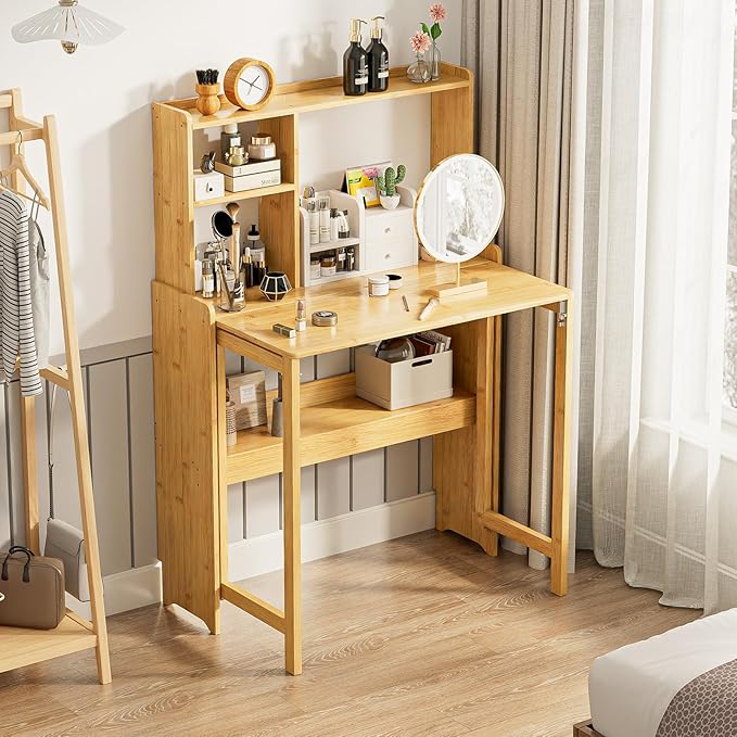 31.1" Bamboo Folding Desk with Bookshelf, Compact Computer Desk for Small Spaces, Foldable Study Desk with Storage Shelf, Space-Saving Home Office Desk for Bedroom, Dorm, Apartment,Natural