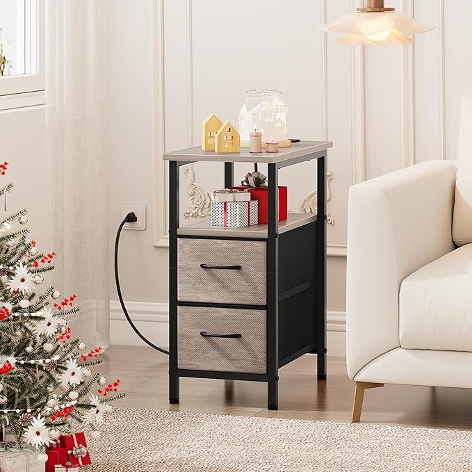Vagusicc End Table with Charging Station, Narrow Side Table, 23.8'' Tall Nightstand with 2 Fabric Drawers, Small Sofa Side Table Narrow Nightstand for Small Spaces, Living Room, Bedroom, Rustic Grey
