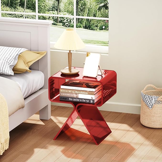 Acrylic Nightstand Side Table Modern Design Clear Home Decor Display End Table for Living Room (Red)