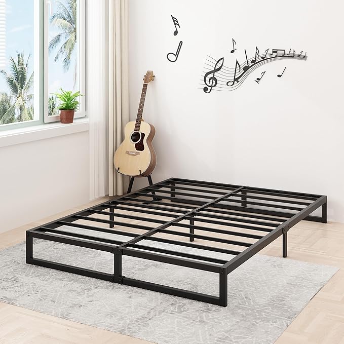 8 Inch Queen Bed Frame Heavy Duty Steel Slat Support Metal Queen Size Platform Bed Frame No Box Spring Needed, Easy Assembly, Black