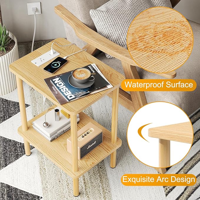 Apicizon 2 Tier End Table Set of 2, Small Side Table with Charging Station, Boho Bedside Table with USB Ports and Outlets, Nightstand for Small Spaces, Bedroom, Living Room, Easy Assembly, Natural