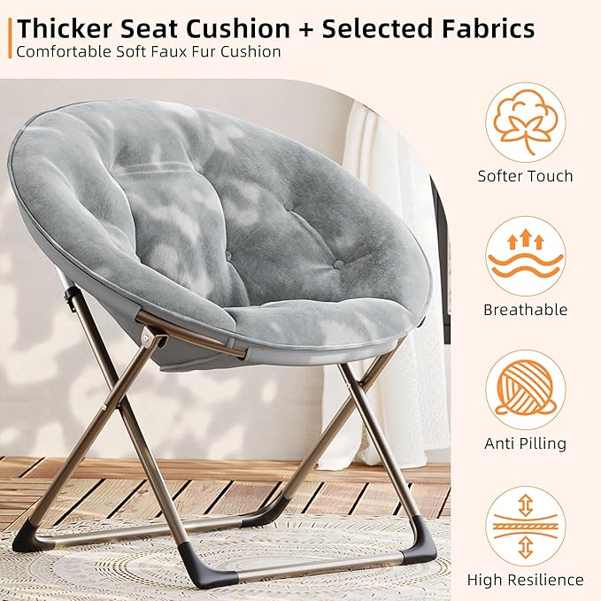 Comfy Saucer Chairs, Gray Folding Reading Lounge Chair, Cozy Faux Fur Living Room Chair with Soft Thick Padded Seat & Metal Frame, Modern Style Bedroom Home for Kids Adults, X-Large, Gold Legs