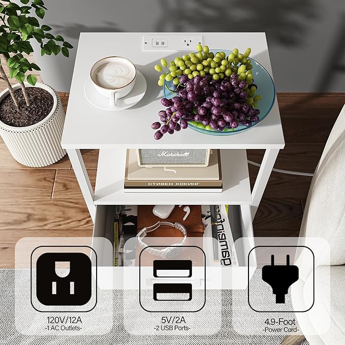 TUTOTAK End Table with Charging Station, Side Table with 2 USB Ports and Outlets, Nightstand with Cloth Drawer, Set of 2, Couch Table, White TB01BW052