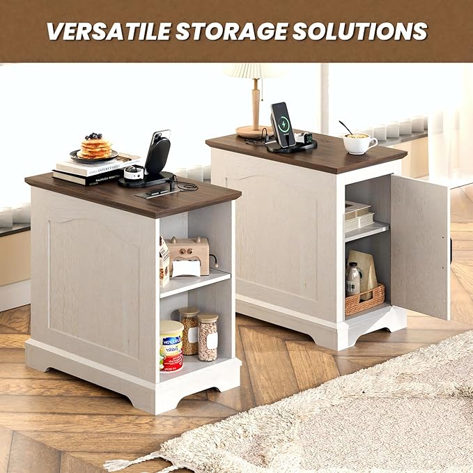 End Tables Set of 2 with Charging Station,13.8" W Narrow Side Table with Storage for Sofa Couch or Bed Side with Outlets & USB Ports, Farmhouse Wooden Nightstand for Bedroom Livingroom