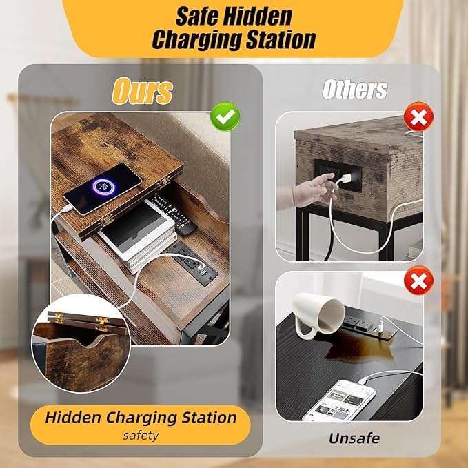 TooCust Flip Top End Table with Hidden Charging Station - 12" D×21" W×26" H Small Side Tables with Storage & Shelves, Compact Side Table for Small Spaces, Slim End Table with Charging Station, Brown