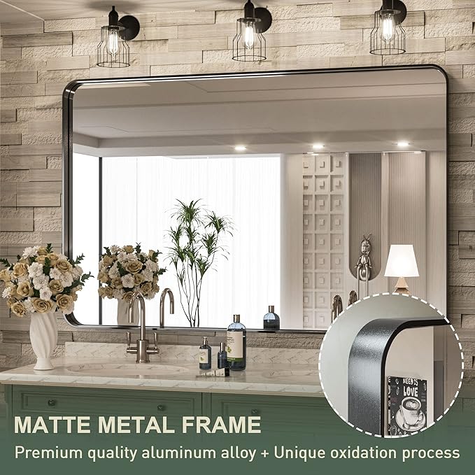 TokeShimi 48 x 36 Inch Black Bathroom Vanity Mirror with Non-Rusting Aluminum Alloy Brushed Matte Metal Frame for Modern,Minimalist,Farmhouse Home Decor (Horizontal/Vertical)