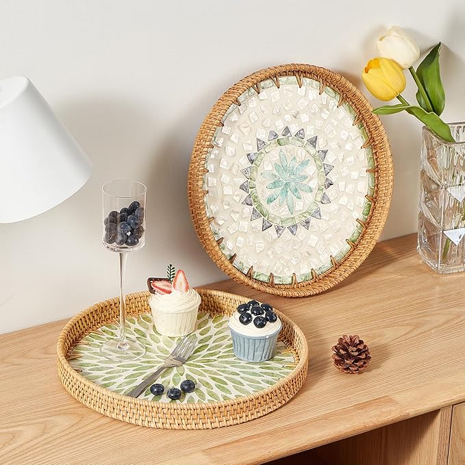 Round Rattan Tray with Mother of Pearl Inlay, Rattan Serving Tray with Wooden Base, Decorative Wicker Basket for Table Decor, Storage and Display of Coffee Bread Food Fruit (Bohemia)