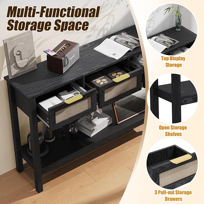Entryway Table, Boho Console Table with 3 Storage Drawers and Storage Shelf, Sofa Table with Socket, for Entryway, Living Room, Behind Couch and Hallway (Black)