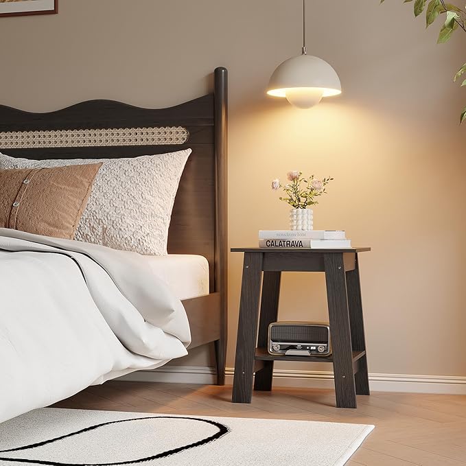 End Table with Double Storage Shelves, Small Space Side Table for Farmhouse Bedroom, Studio Apartment, Entryway， Brown