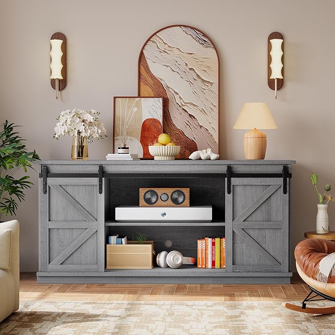 YESHOMY TV Stand for Televisions up to 65 Inchs, with Sliding Barn Doors and 4 Storage Drawers, Console Table and Media Furniture for Living Room, 58 Inch, Gray