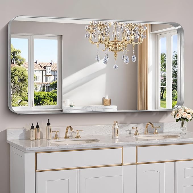 FORBATH 60x30 Inch Large Bathroom Mirror for Double Sinks, Brushed Silver Deep Frame Wall Mirror with Rounded Corners, Anti-Rust Tempered Glass for Modern Farmhouse Vanity (Horizontal/Vertical)