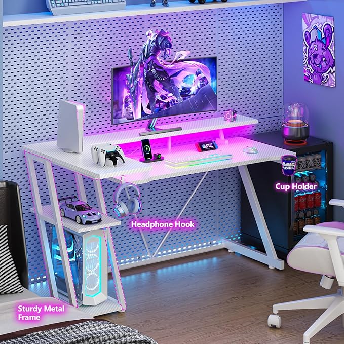 55 Inch White Gaming Desk with Power Outlet & LED Lights, L Shaped Computer Desk Gaming with 3 Tiers Storage Shelves, Reversible Corner Desk with Monitor Stand for Bedroom