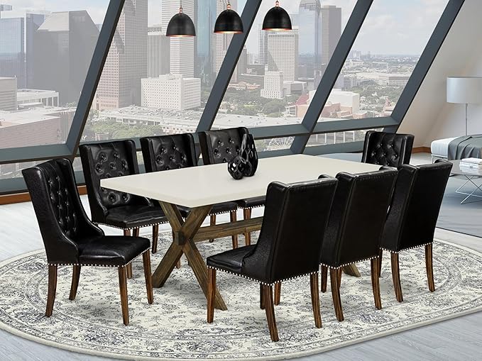 East West Furniture X727FO749-9 9 Piece Dining Room Furniture Set Includes a Rectangle Dining Table with X-Legs and 8 Black Faux Leather Parsons Chairs, 40x72 Inch, Multi-Color