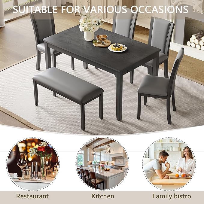KEIKI 6-Piece Standard Height Dining Table Set with Rectangular Table, 4 Upholstered Chair, Bench, for 6 Person, Farmhouse Rustic Style Table Set, Easy Assembly, for Kitchen, Dining Room, Gray
