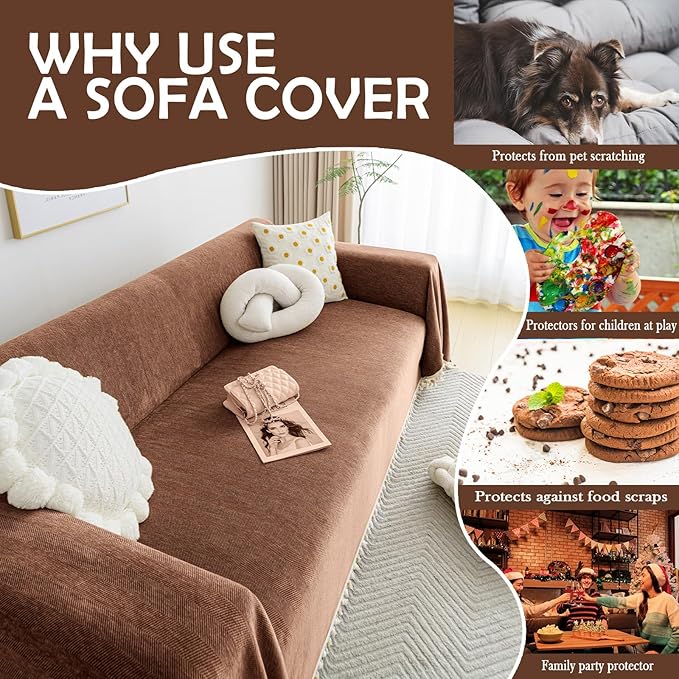 HANDONTIME Boho Style Sofa Cover with Tassels, Washable & Non-Slip Couch Cover for 3 Cushion Sofa, Herringbone Pattern Pet-Friendly Sofa Slipcover, Chocolate Color, 91"x118", Living Room Decor