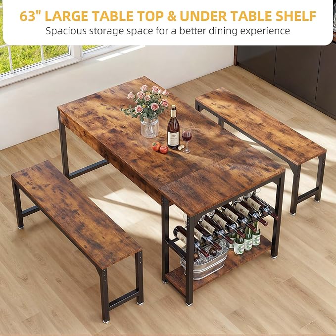 DWVO 3-Pieces Dining Room Table Set for 4 People 63" Large Dining Table with 2 Benches Rectangle Industrial Kitchen Table for 4 with Metal Frame & 2 Storage Shelves for Small Space Kitchen Brown