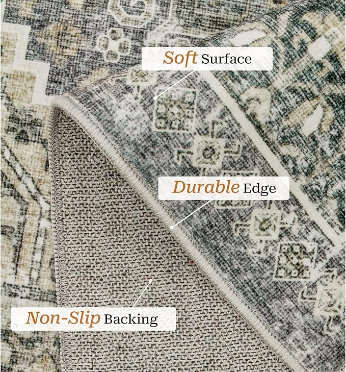 zesthome 8x10 Area Rugs for Living Room,Non-Slip Backing Washable Rugs,Vintage Large Area Rug，Stain Resistant Home Decor Rug (Wheat/Charcoal,8'x10')