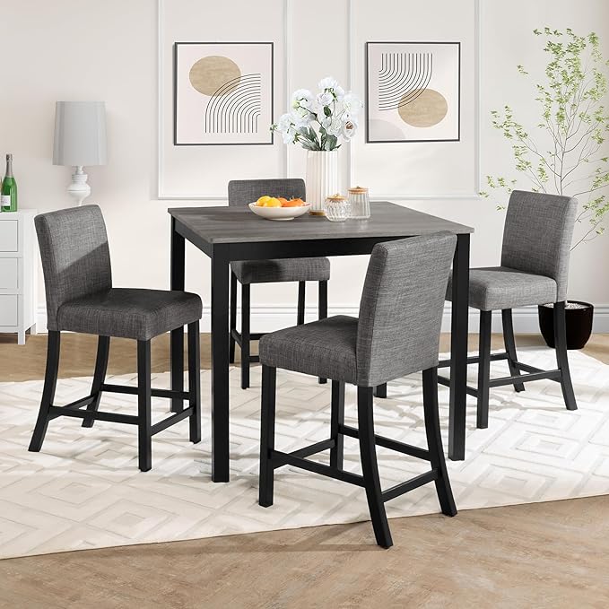 KEIKI 5-Piece Counter Height Dining Table Set with Square Table and 4 Upholstered Curved Backrset Chair, for 4 Person, Modern Wooden Table Set, Easy Assembly, for Kitchen, Dining Room, Black+Gray