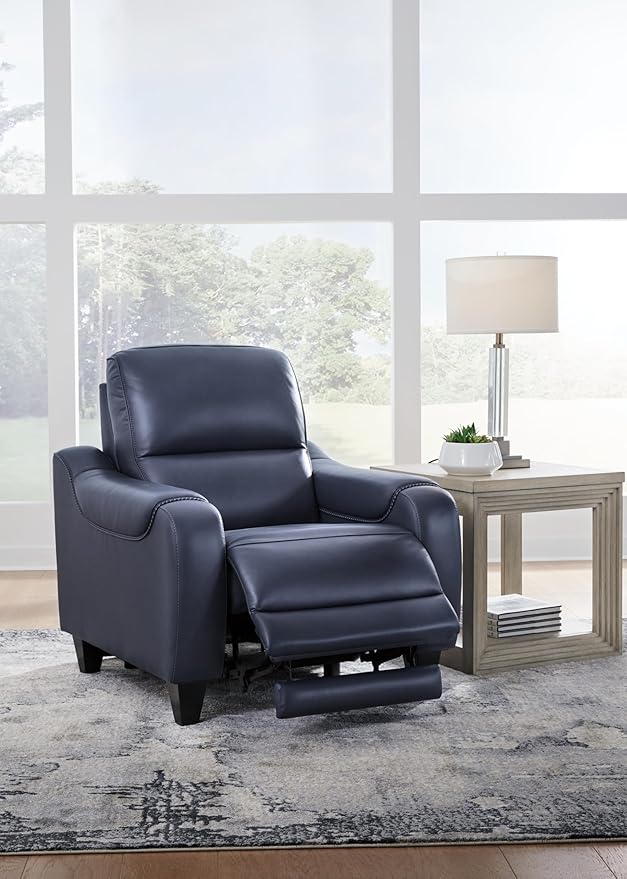 Signature Design by Ashley Mercomatic Contemporary Leather Match Wall Hugger Power Recliner with Adjustable Headrest and USB Ports, Blue