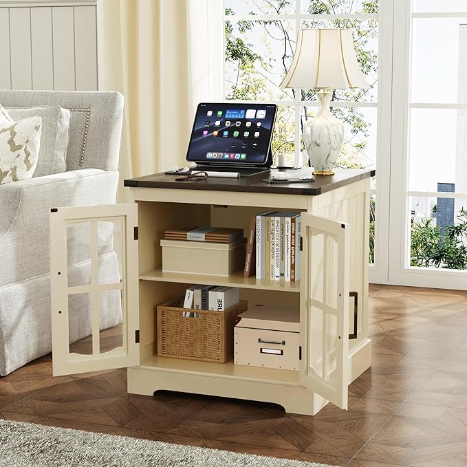 ChooChoo Farmhouse End Table, 24" Large Sofa Side Table with Charging Station & LED Light, Nightstand with Adjustable Storage Shelf, Square Bedside Table for Living Room Beige (Cream Mix with White)