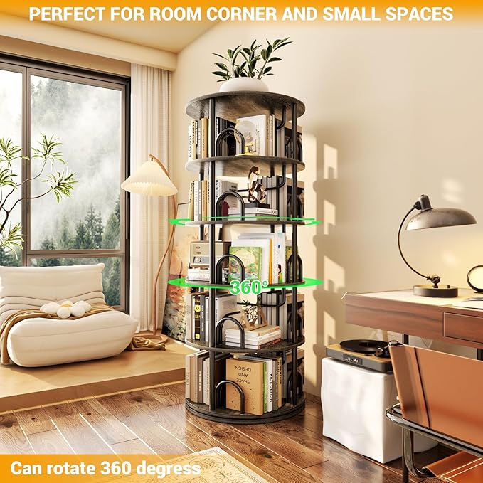 Aheaplus 5 Tier Rotating Bookshelf Tower, 360 Display Spinning Bookcase, Revolving Round Book Shelf Narrow Swivel Bookshelf, Vertical Turning Corner Book Organizer for Small Space, Black Oak