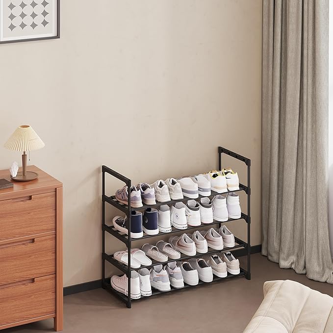 Calmootey 4-Tier Shoe Rack, Tall Large Capacity 20 Pairs Shoes Storage Organizer, Stackable Wide Shoe Shelf for Entryway, Hallway, Black